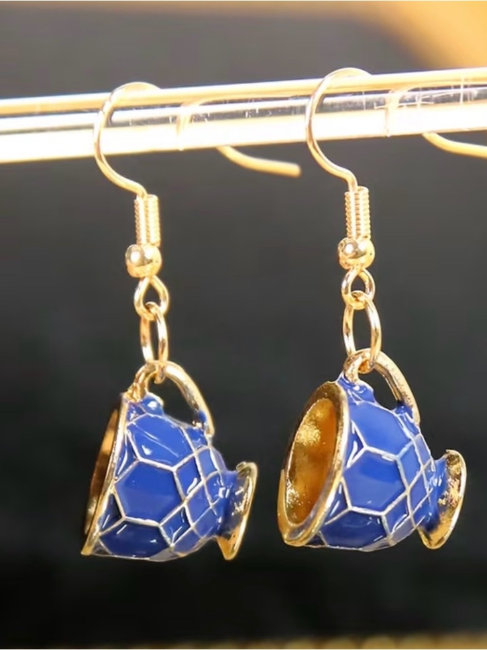 Gold-Tone Blue Teacup Dangle Earrings